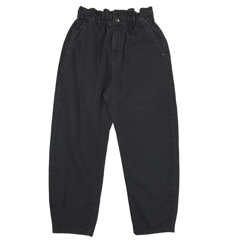 Zara Womens High Waisted Paperbag Barrel Leg Jeans Washed Black Size 10 Cotton